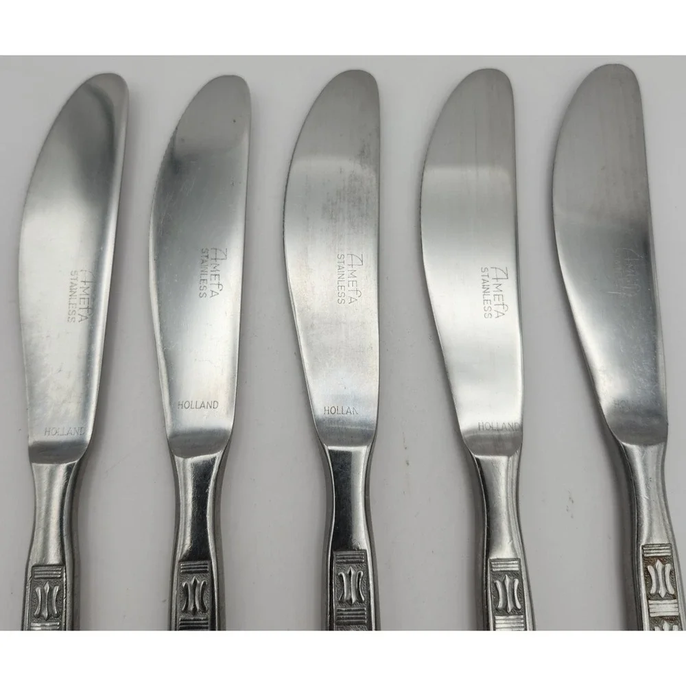 Amefa Holland‎ Stainless Dinner Knife 5 Knives Disc. Geometric Pattern VTG HTF